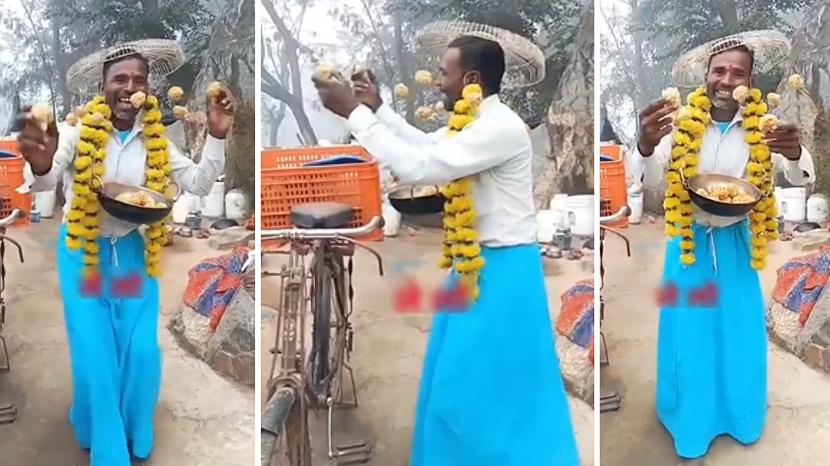 MP News: Man Sells Lai Laddoo Wearing  Blue Skirt; Fan Grill As Headgear In Shivpuri; Wins Netizens'...