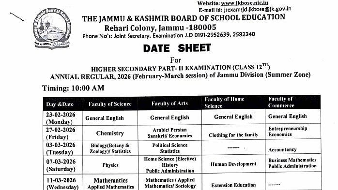 JKBOSE Board Exams 2026: Class 12 & Class 11 Date Sheet Released For Summer Zone; Check Schedule Here