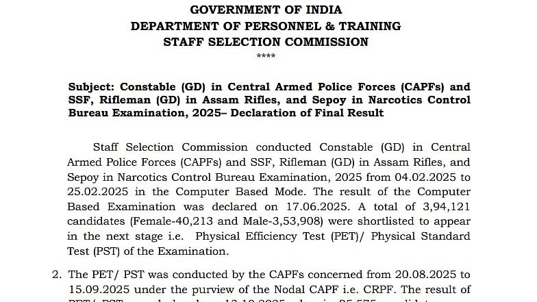SSC GD Final Result 2025 Declared For CAPFs, SSF, Assam Rifles At ssc.gov.in; Direct Link Here 
