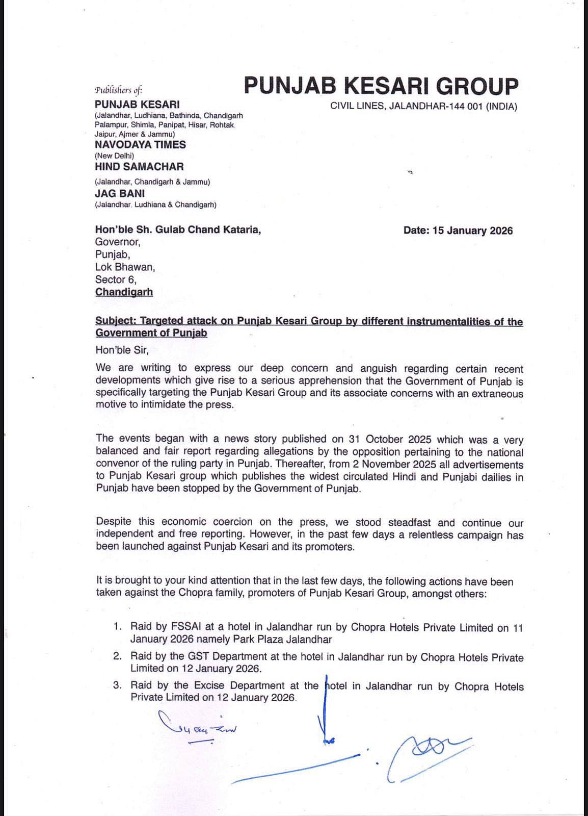 Letter by Punjab Kesari