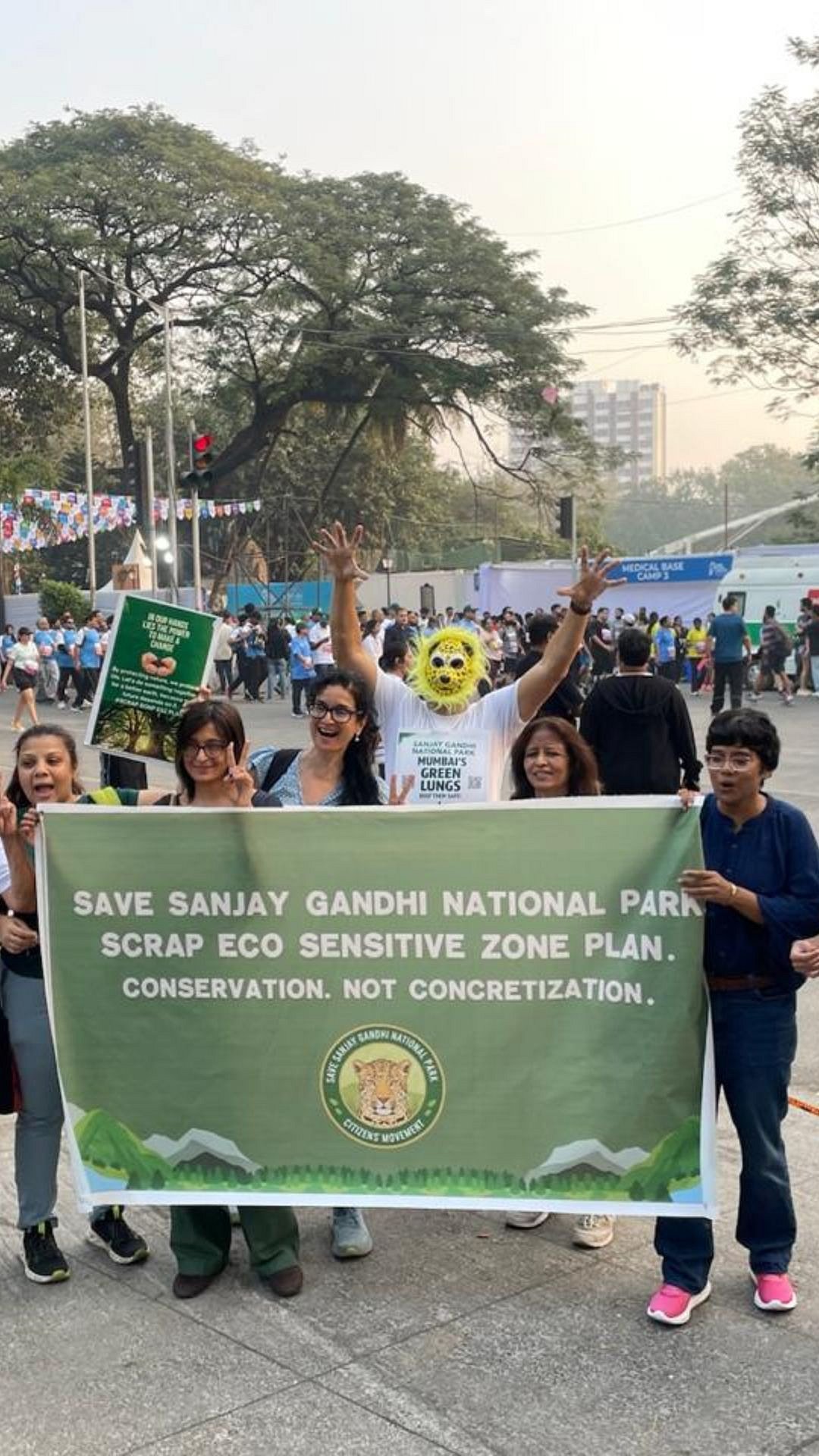 Beyond the race, participants highlight environmental issues during the Tata Mumbai Marathon.