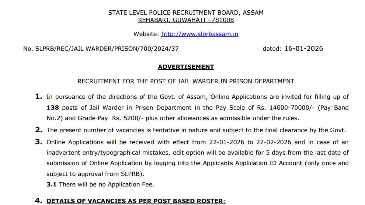 Assam Police Jail Warder Recruitment 2026: Notification For 138 Out; Check Details Here 