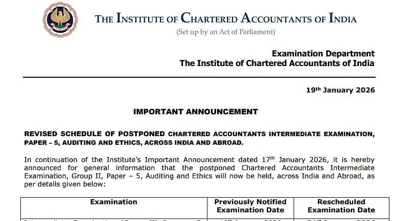ICAI Releases Revised Date For CA Inter Auditing & Ethics Paper After Postponement; Exam To Be Held On January 31 