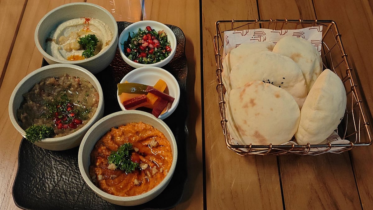 Mezze Platter with Hummus, Baba Ganoush, Muhammara and Tabouleh. 