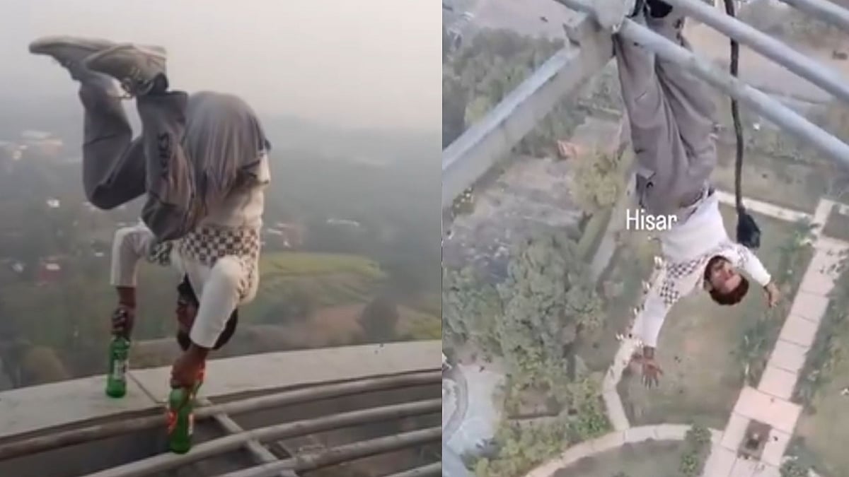 'Murakh Ko Dekh Ke Paseene Chhut Gaye': Man Performs Dangerous Stunts At 282-Foot-High Jindal Tower Without Safety Gears; Detained 
