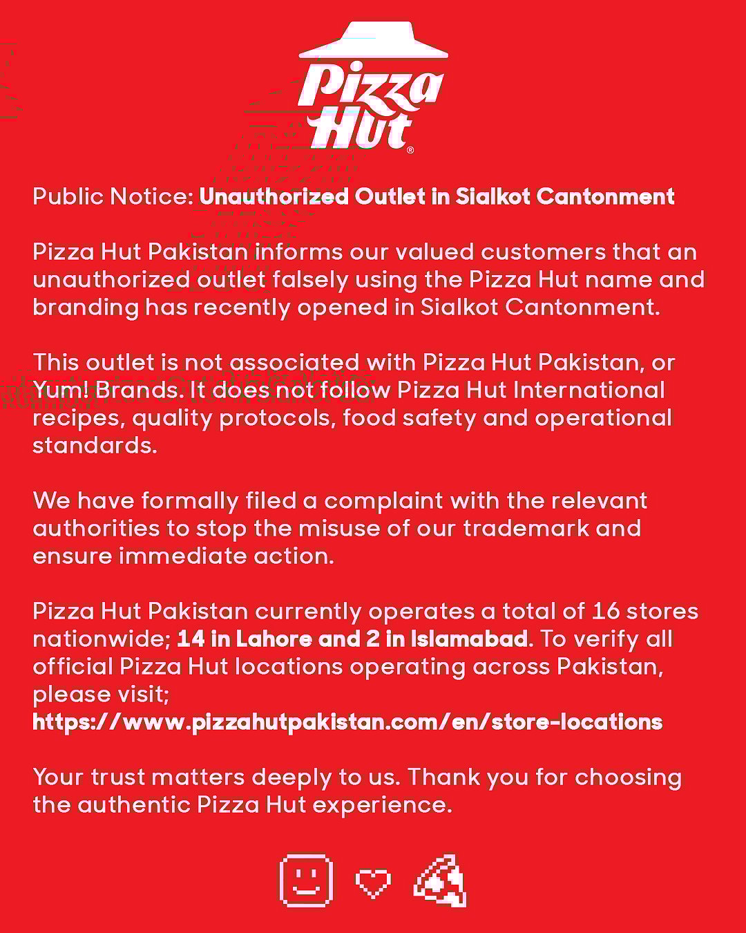 Statement By Pizza Hut Pakistan