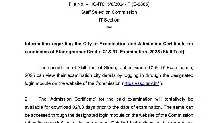 SSC Stenographer Skill Test City Intimation Slip Out At ssc.gov.in; Skill Test In January 28–29 