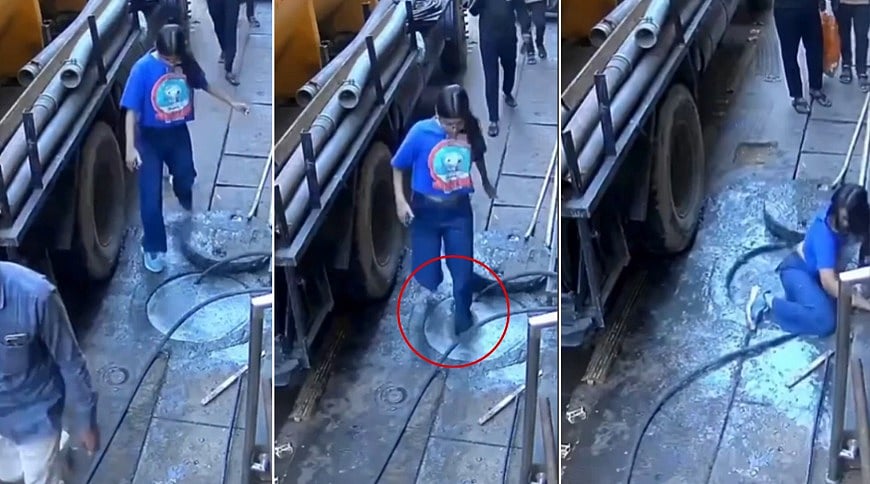 MP News: Woman Falls Into Open Chamber On Busy Road Indore; Video Goes Viral
