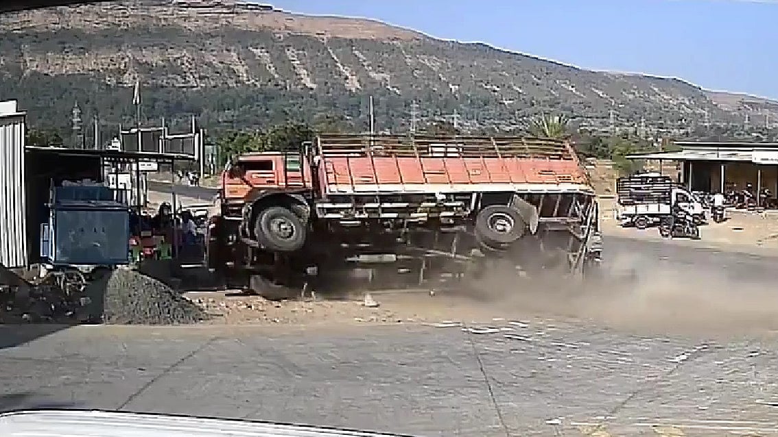 Nashik: Truck Overturns & Crashes Into Hotel While Trying To Save Motorcyclist, CCTV Footage Goes...