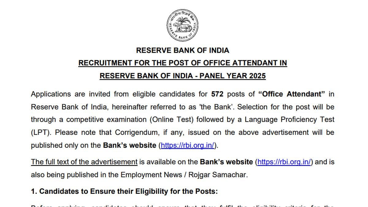 RBI Office Attendant Recruitment 2026: Registration Process For 572 Vacancies Underway; Check Selection Process & Eligibility Criteria Here 