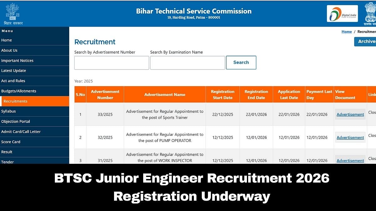 BTSC JE Recruitment 2026: Application Process Underway At btsc.bihar.gov.in; Check Eligibility Criteria & Other Details Here 