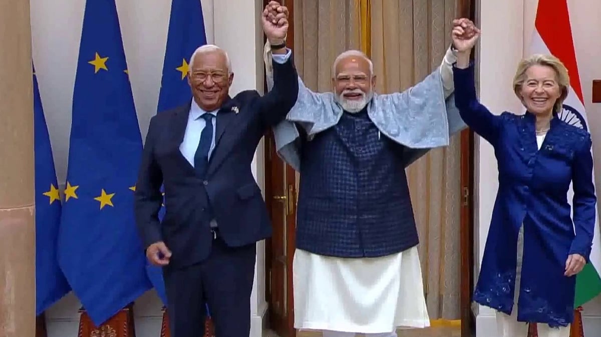 PM Modi with President of the European Council, Antonio Costa and European Commission President Ursula von der Leyen Delhi's Hyderbad House | X