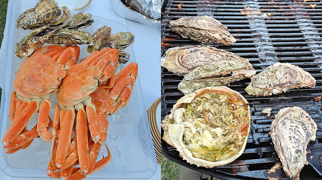 Crabs and oysters prepared on the garden barbecue grill at the Consul-General of Japan's residence in Mumbai. 