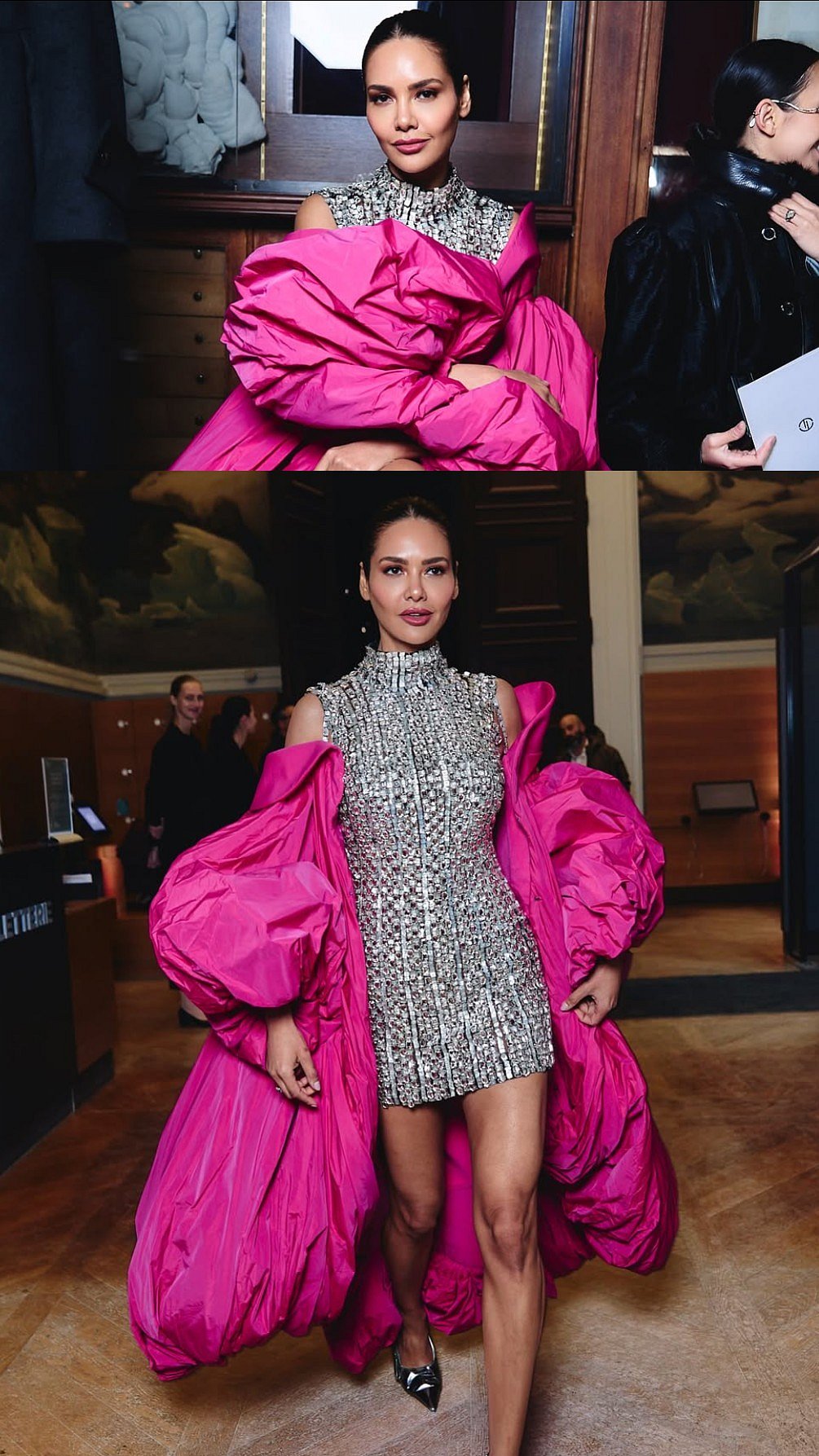 Esha Gupta Is A Modern Barbie In Metallic Mini Dress, Dramatic Pink Cape In Paris