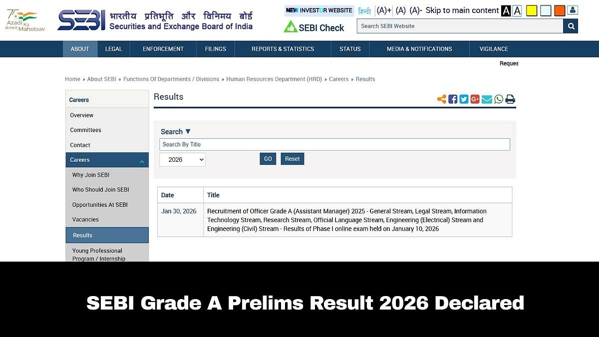 SEBI Grade A Prelims Result 2026 Out At sebi.gov.in; Phase 2 Exam On February 21 