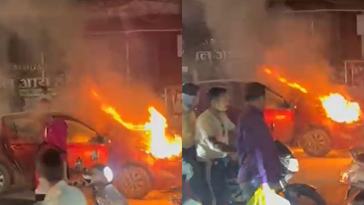 Moving Car Catches Fire On Birla College Road In Kalyan West, Major Mishap Averted 
