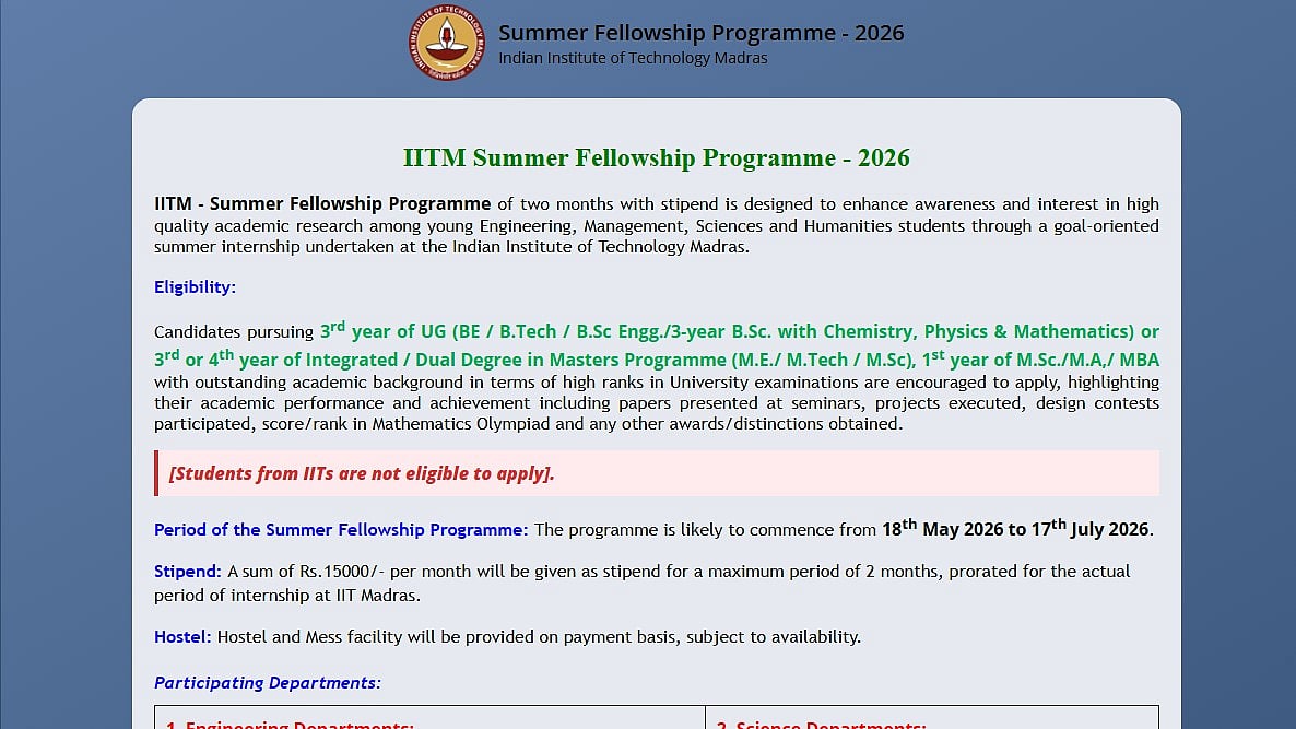 IIT Madras Summer Fellowship 2026: Applications Begins At ssp.iitm.ac.in; Check Important Dates, Eligibility And How To Apply 