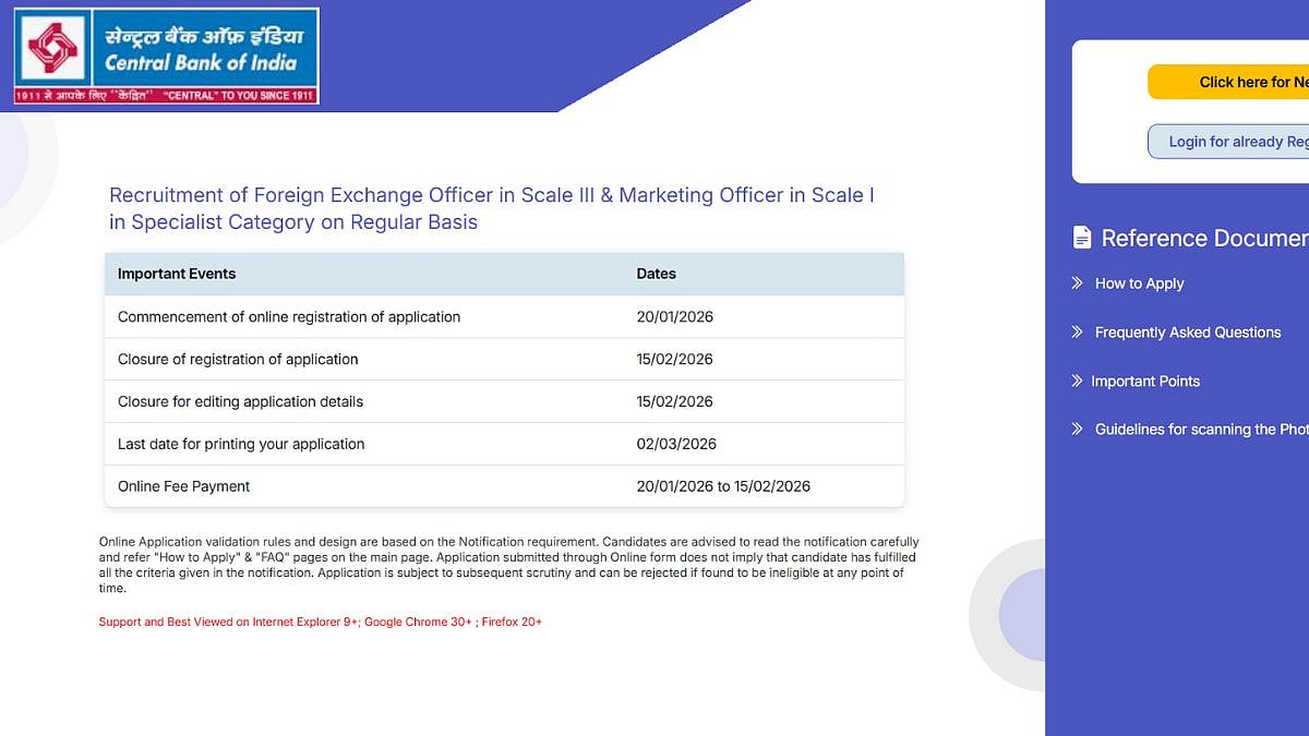 Central Bank Of India Recruitment 2026: Registration Process Extended Till February 15; Here's How To Apply 