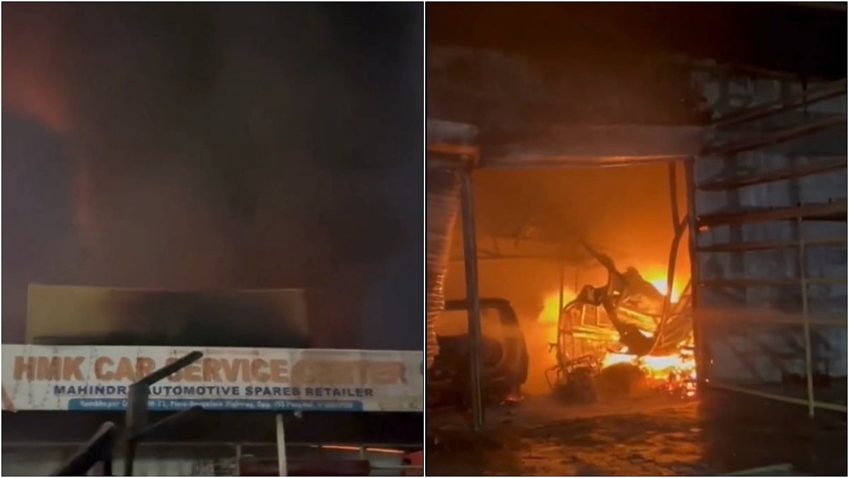 Massive fire At Car Service Centre In Karnataka’s Vijayapura, 20 Vehicles Gutted (Screengrab) | X/@PTI_News