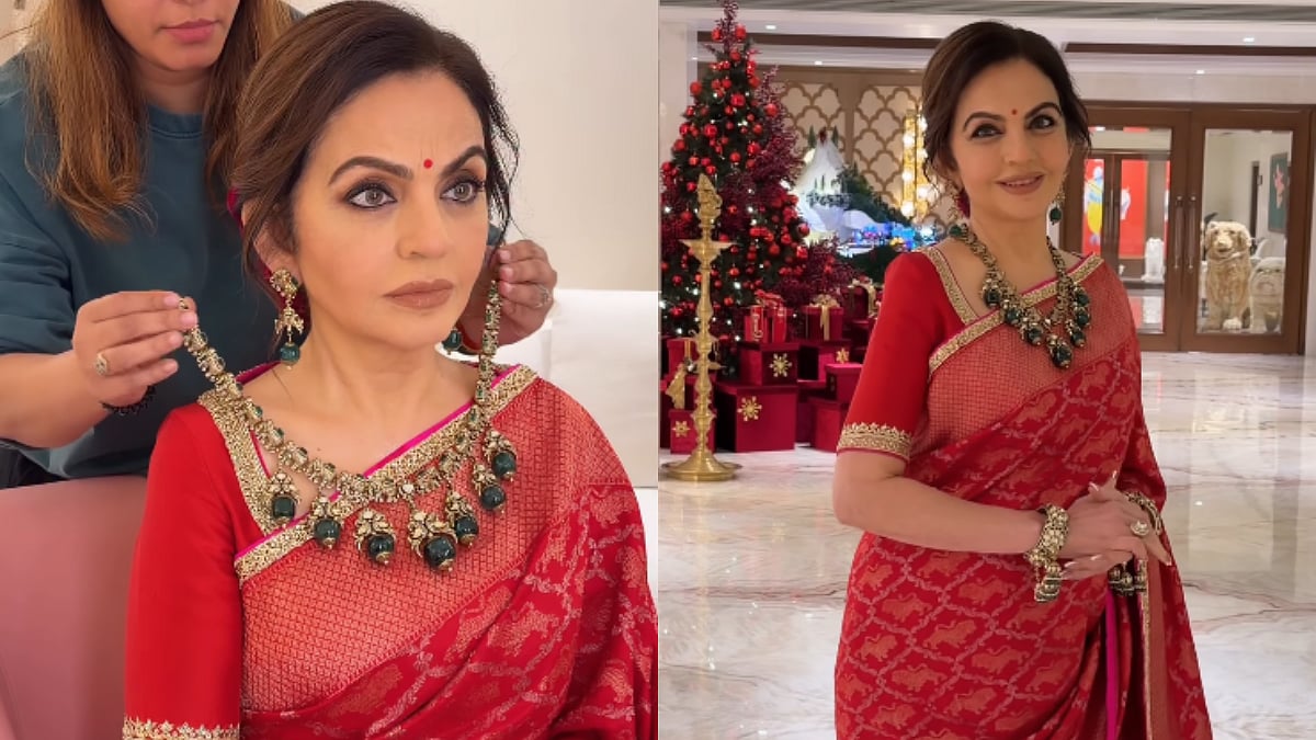 Nita Ambani's Stunning Red Saree Look Paired With Gold & Emerald Elephant Necklace