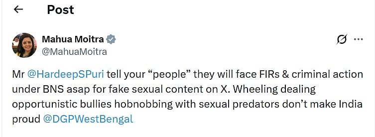 Screengrab of Mahua Moitra's X post