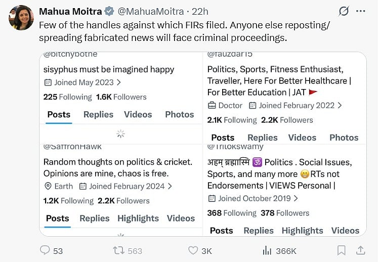 Screengrab of Mahua Moitra's X post