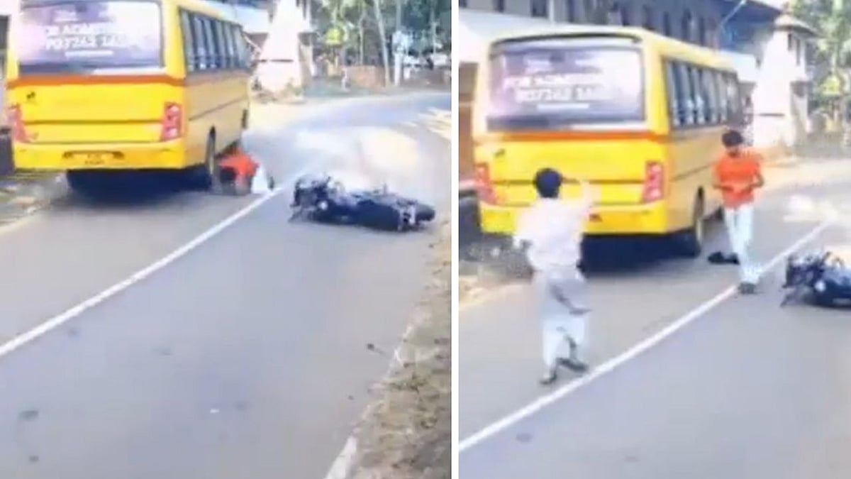 Kerala: Dramatic Video Shows Biker Escapes Death After Crash With School Bus, Walks Off Unharmed