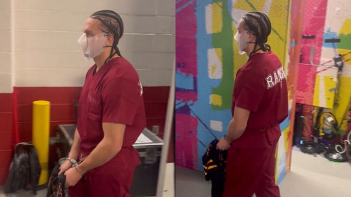 WATCH: Mack Hollins Arrives Barefoot In Prison Suit, Handcuffs & Hannibal Lecter-Style Mask For  Super Bowl 2026 In Viral Video 