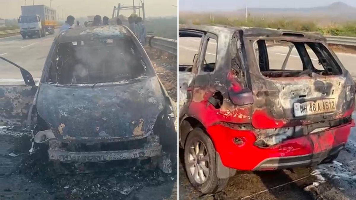 Thane News: Car Gutted In Blaze On Samruddhi Expressway Near Shahapur; Occupants Escape Unhurt | VIDEO 