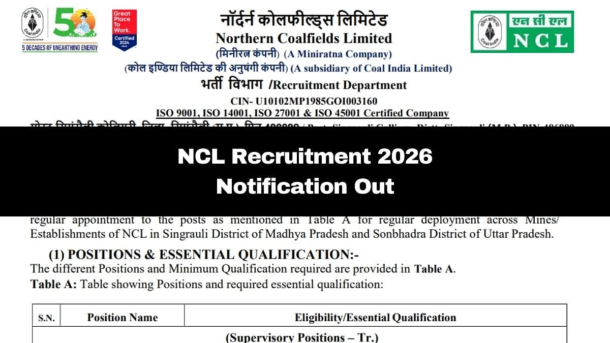 NCL Recruitment 2026: Notification For 270 Posts Out At nclcil.in/; Registration Process Starts On February 11 