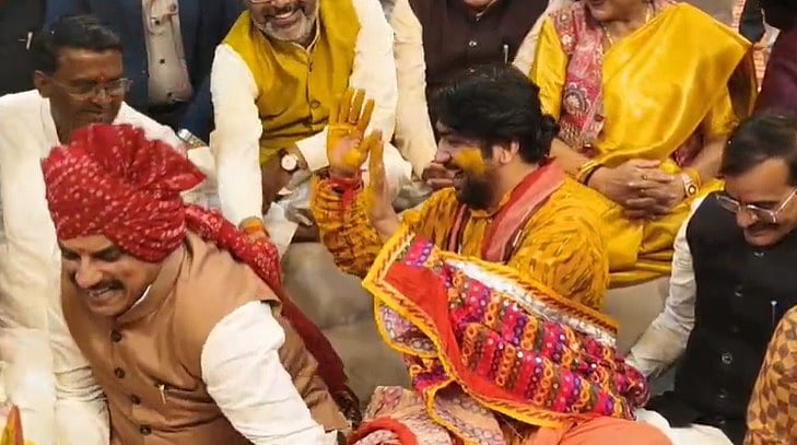 MP News: Dhirendra Shastri Applies 'Haldi' To CM Mohan Yadav During Mass Pre-Wedding Festivities At...