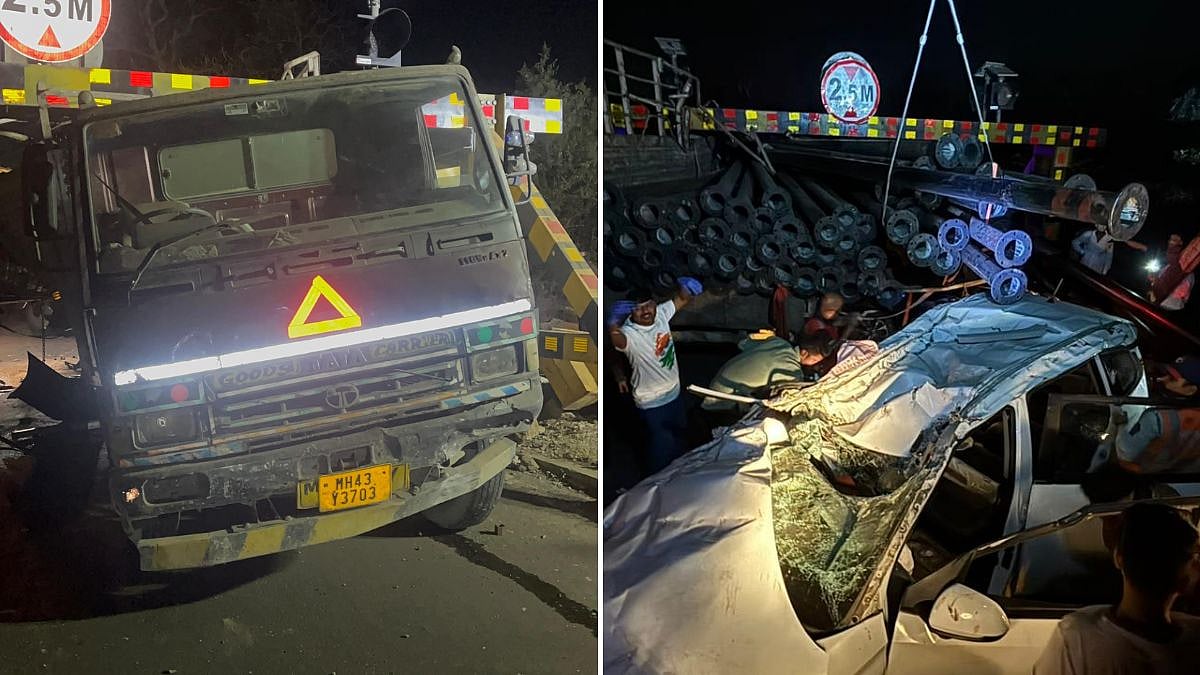 Navi Mumbai Road Accident: Speeding Tempo Smashes Height Barricade At Anda Point On Old Mumbai-Pune Highway; Falling Pipes Crush 2 Cars 