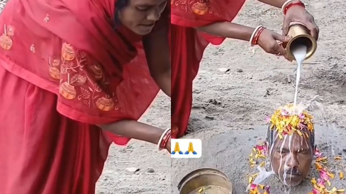 Viral Video: Woman Buries Husband Till Neck, Performs Shivling Pooja On His Head & Chants 'Har Har...