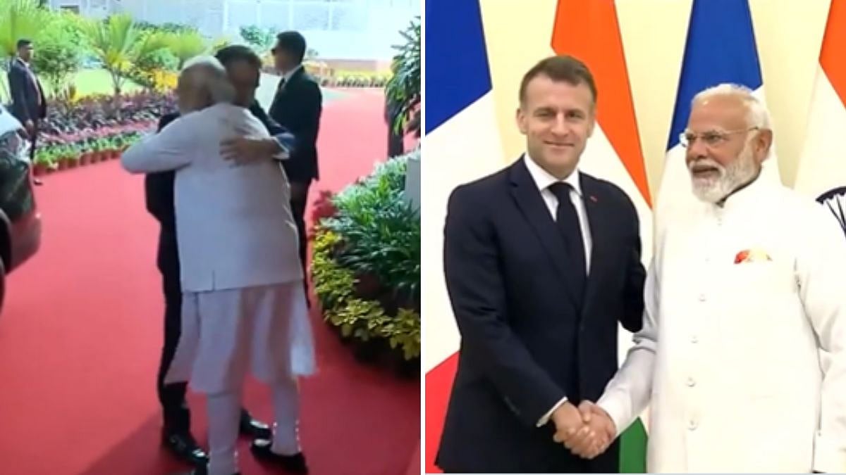 PM Modi & French President Emmanuel Macron Share Warm Hug & Handshake At Lok Bhavan In Mumbai - WATCH 
