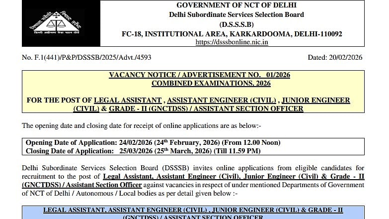 DSSSB Combined Examination 2026: Over 900 Vacancies Announced Across Multiple Posts; Check Notification Here 