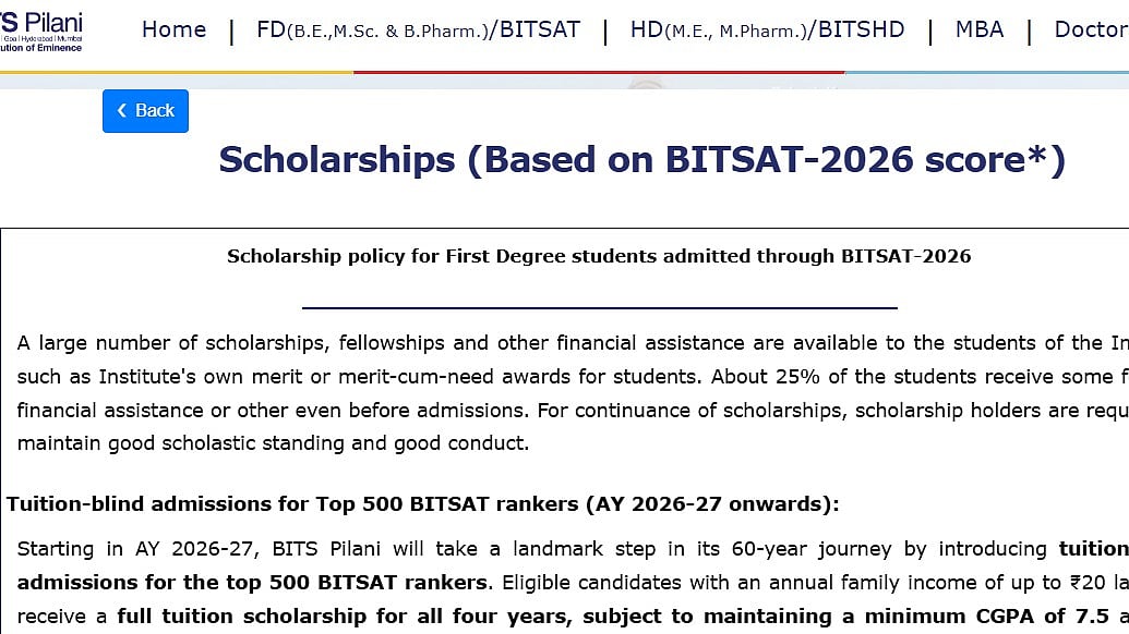 BITS Pilani Introduces Full Tuition Scholarship For Top 500 BITSAT Rankers From 2026–27 