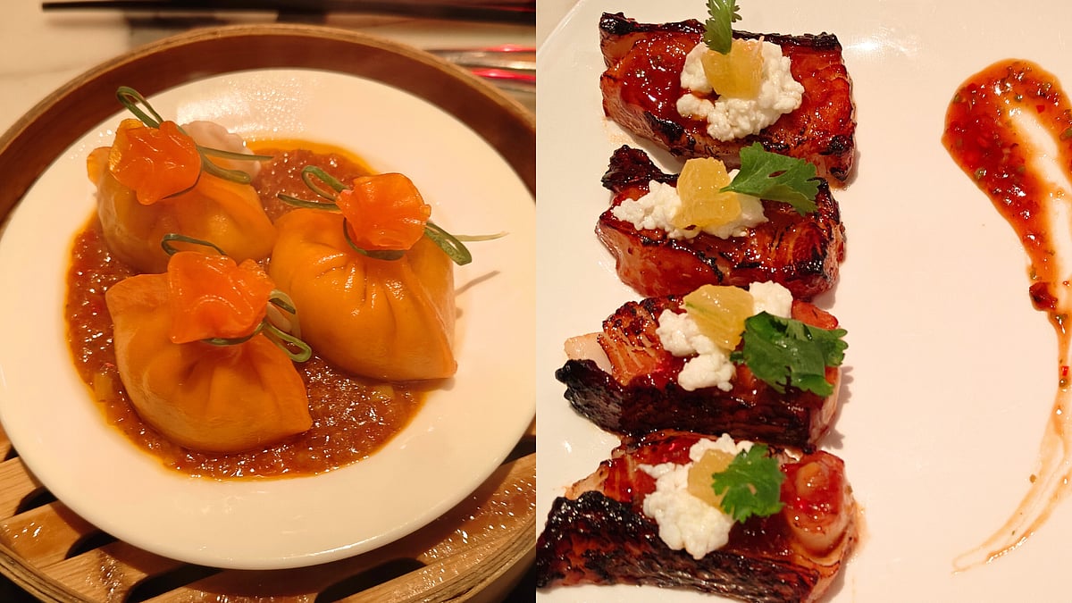 (Right) Seafood fortune golden money bag; (left) Baked Chilean sea bass in kalamansi soy sauce 