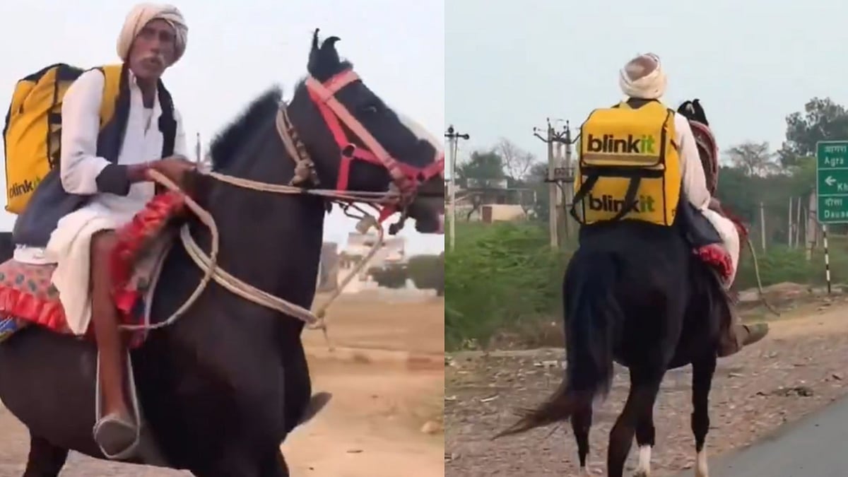 'Royal Delivery': Elderly Rajasthan Man Seen Delivering Blinkit Order On A Horse; Viral Video Sparks Meme Fest 