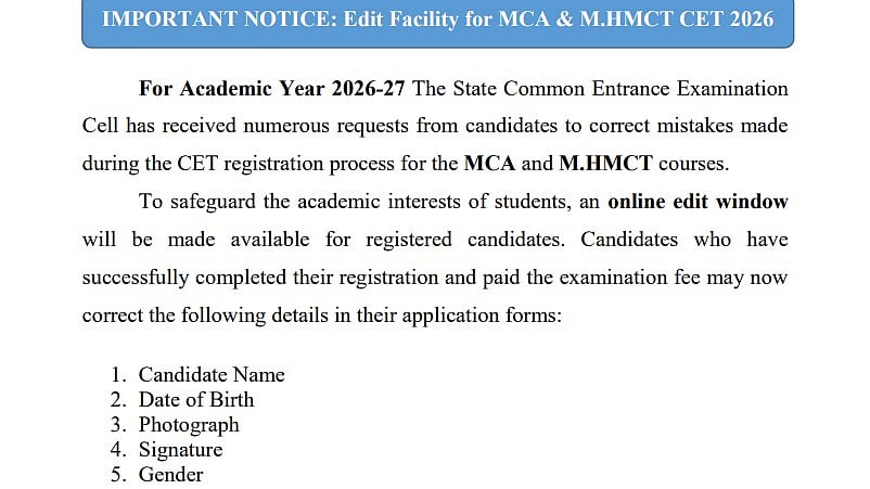 Maharashtra CET Cell Opens Correction Window For MCA, M.HMCT CET 2026-27; Edits Allowed Until February 28 