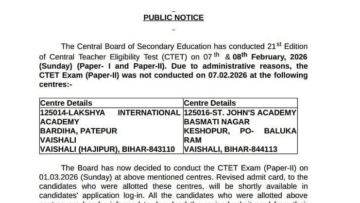 CBSE Announces CTET 2026 Paper-II Re-Test Date For Bihar Centres; Details Here 