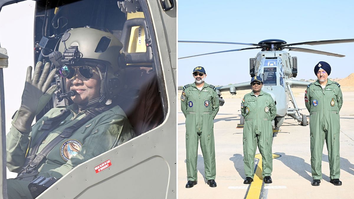 President Droupadi Murmu Takes A Sortie On Light Combat Helicopter Prachand In Jaisalmer 