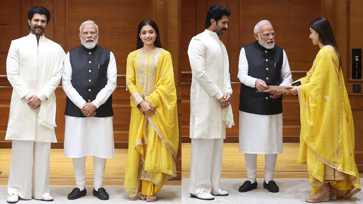 Rashimka Mandana Wows In Yellow Embroidered Kurta, Vijay Deverakonda Dons Ivory Look To Invite PM Modi For Their Wedding Reception 