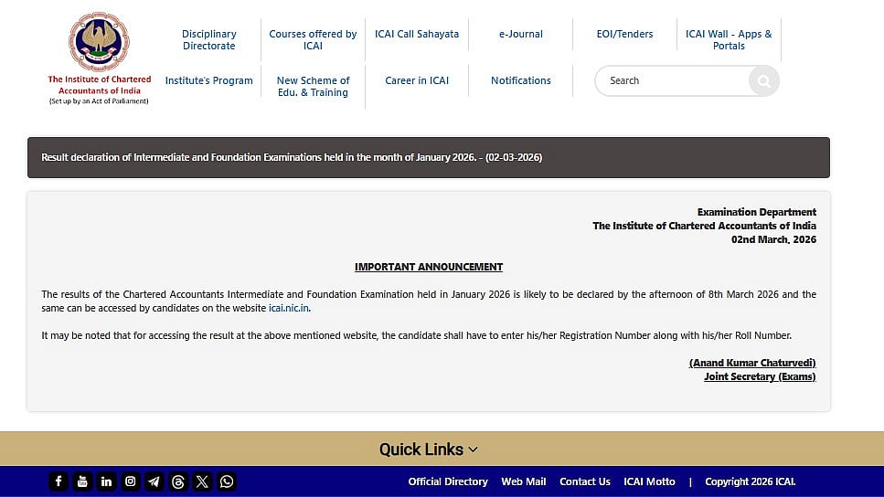 ICAI CA Foundation, Intermediate January 2026 Results Likely On March 8 At icai.nic.in; Login Details Required To Check Scores 