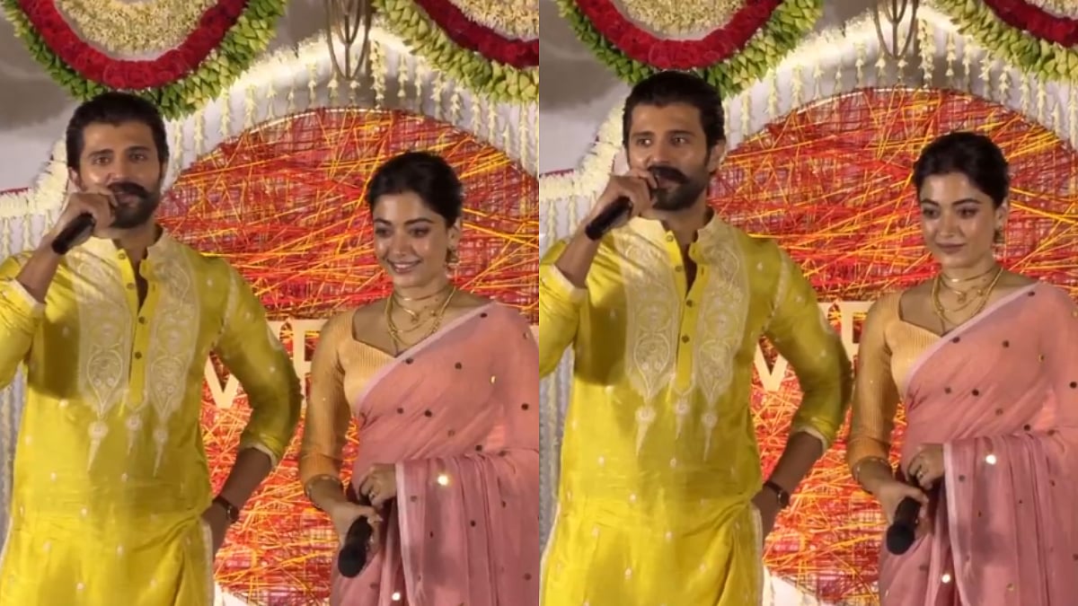 New Bride Rashmika Mandanna Glows In ₹3,450 Peach Saree With Husband Vijay Deverakonda At Hyderabad Wedding Conference 