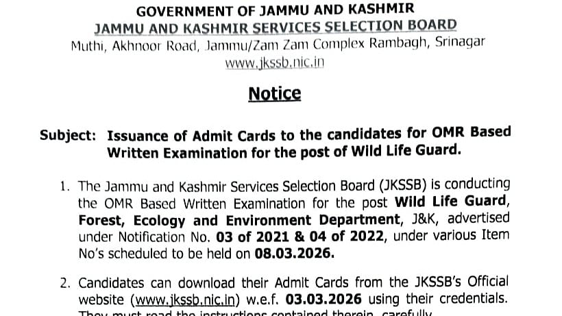 JKSSB Wild Life Guard Admit Card 2026 Out At jkssb.nic.in; Exam Scheduled For March 8 