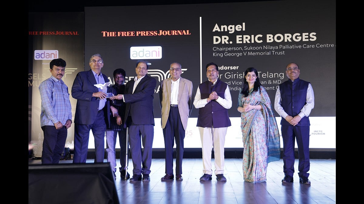 Dr Eric Borges, Chairperson, Sukoon Nilaya Palliative Care Centre & King George V Memorial Trust, receiving the award from Nilesh Gupta, MD, Vijay Sales. On the right are Dr Girish L Telang, Retired Vice Chairman & Managing Director, Roche India Management Center; Maharashtra Minister Mangal Prabhat Lodha; Veetika Deoras, senior vice-president (marketing & brands), IHCL; and Sachindra Salvi, MD, GICHF
