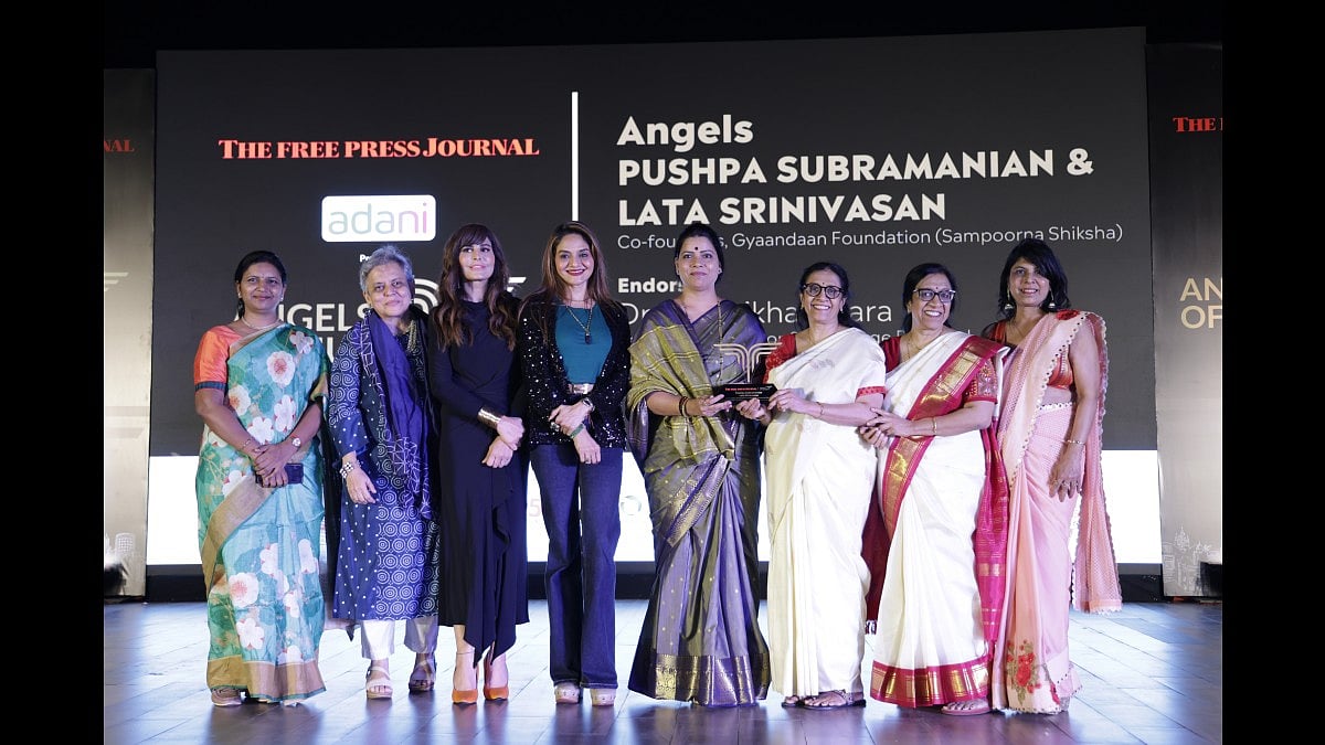 Pushpa Subramanian and Lata Srinivasan, Co-founders of Gyaandaan Foundation (Sampoorna Shiksha), receiving the award from Mayor Ritu Tawde. On the left are Suchita Bhikane (executive director MahaTransCO); Kala Ghoda Arts Foundation chairperson Brinda Miller; Nazia Sharma (director, Cushman & Wakefield); actor Madhoo. On the far right is Dr Navasikha Duara, Associate Professor & In-Charge Principal, SVKM's Pravin Gandhi College of Law