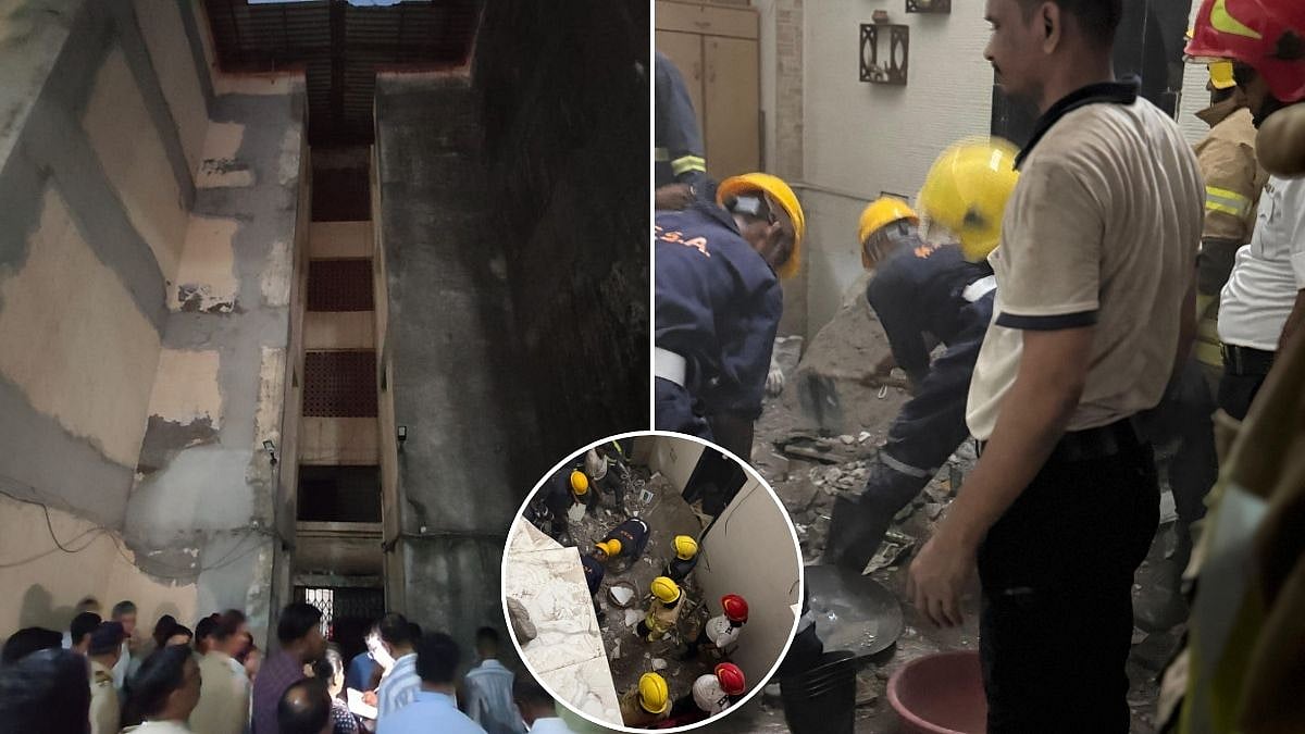 Rescue teams at the site in Koparkhairane where a first-floor slab collapsed during a tuition class, leaving one student dead and several injured