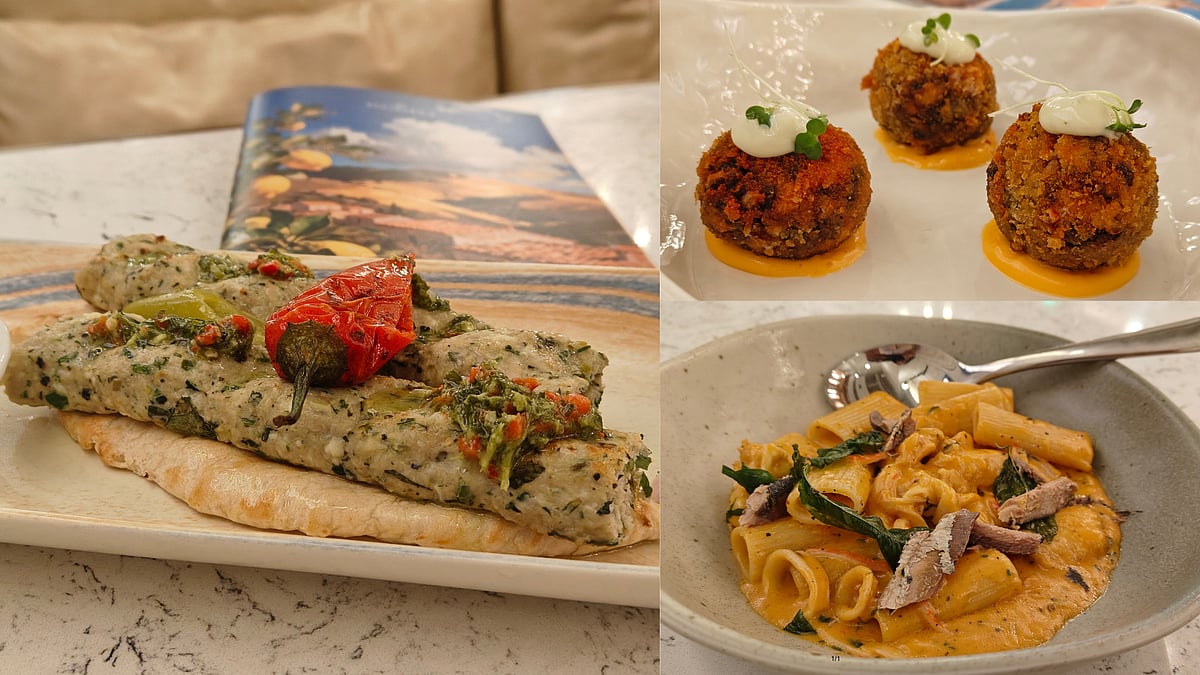 (Clockwise) Olive Chicken Kebab, Edamame Arancini and Pasta Sarde