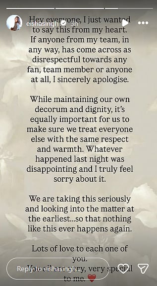 Eisha Singh apologises to her fans